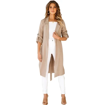 

Waterfall Collar Pocket Front Wrap Work Wear Trench Peach 3/5 Sleeve Apricot Knee Length With Belts Office Women Coat