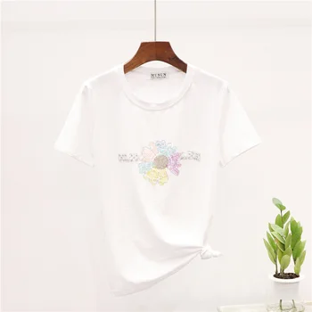 Cotton Tshirt Women 2020 Summer Fashion Small Daisies Sequins O-Neck Short Sleeve White T-shirt Loose Ladies T Shirt Tops H138 
Cotton Tshirt Women 2020 Summer Fashion Small Daisies Sequins O-Neck Short Sleeve White T-shirt Loose Ladies T Shirt Tops H138