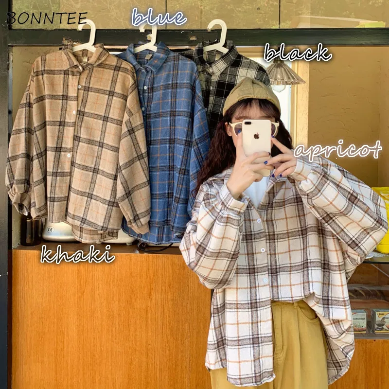 

Blouses Shirts Women Plaid All-match Harajuku Casual Loose Large Size 3XL Streetwear Preppy Batwing-sleeve Womens Outwear 4color