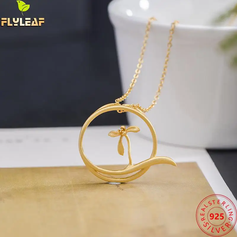 

18k Gold Plating Circle Orchid Pendant Necklace Women 925 Sterling Silver Chinese Style Vintage Femme Fine Jewelry