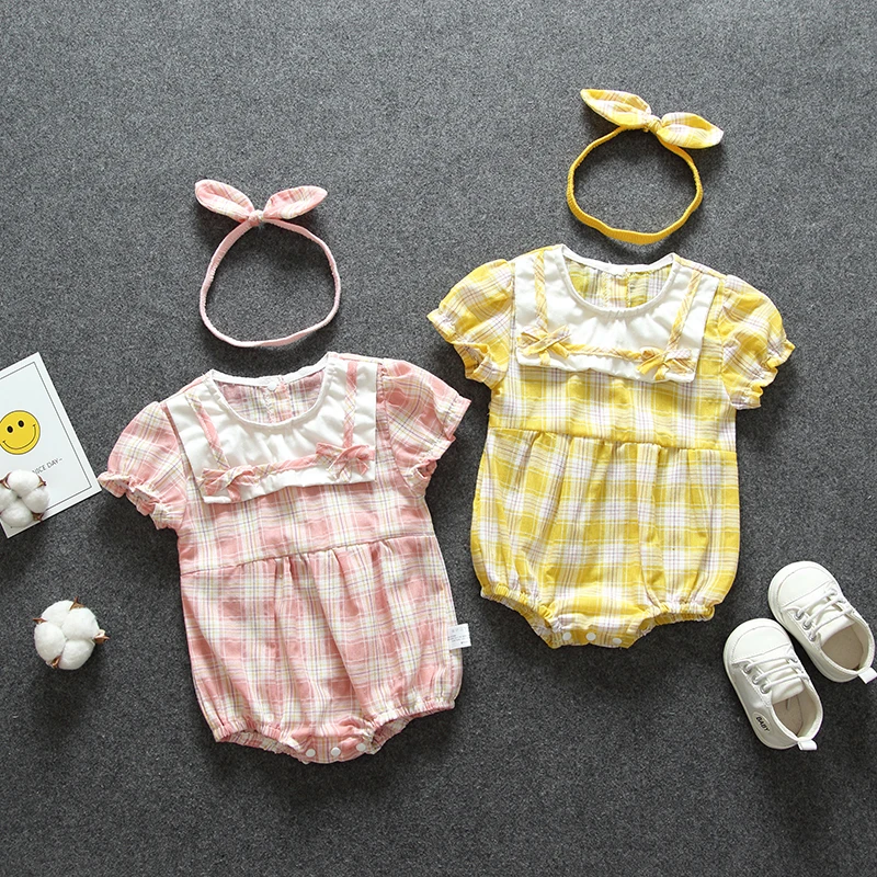 

First birthday newborn baby girl clothes summer outfits sets plaid bodysuit + headband suit for infant baby girl clothing sets