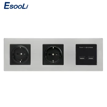 

Esooli EU Standard Wall Stainless Steel Panel Double Socket 16A Electrical Outlet Dual USB Smart Charging Port 5V 2A Output