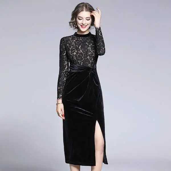 HAMALIEL New Fashion Split Bodycon Party Dress Vintage Fall Winter Lace Pathwork Velvet Shirt Vestidos Sexy Hollow Out OL Dress
HAMALIEL New Fashion Split Bodycon Party Dress Vintage Fall Winter Lace Pathwork Velvet Shirt Vestidos Sexy Hollow Out OL Dress