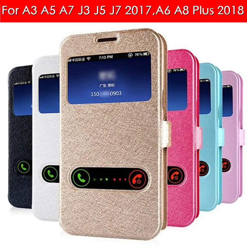 Роскошный кожаный чехол с окошком спереди для Samsung J2 J3 A3 A5 2016 A7 2017 J5 J7 J4 J6 Plus A6 A8