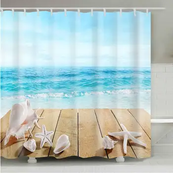 

Bathroom Decor Ocean Shower Curtain Blue Sky Tropical Beach Shower Curtain Starfish Conch Seashell Shower Curtains - Waterproof