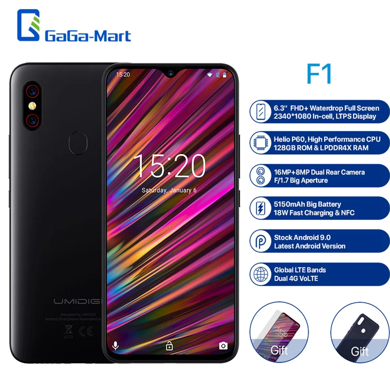 

UMIDIGI F1 Mobile Phone Android 9.0 6.3Inch FHD+ 128GB ROM 4GB RAM Helio P60 Octa Core 5150mAh Fast Charge NFC 16MP smartphone
