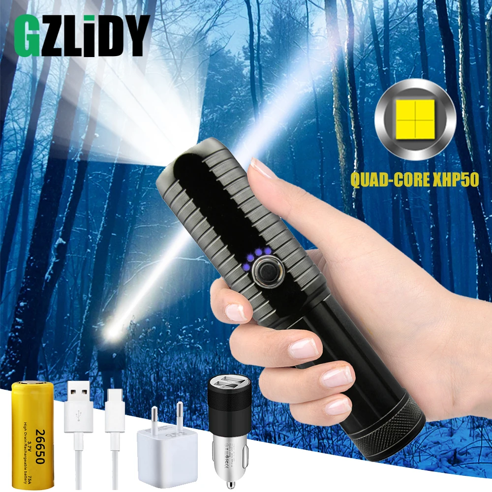 Powerful LED Flashlight with XHP50 Lamp Bead Waterproof Tactical Torch USB Rechargeable High Power Camping Hunting Lights
Powerful LED Flashlight with XHP50 Lamp Bead Waterproof Tactical Torch USB Rechargeable High Power Camping Hunting Lights