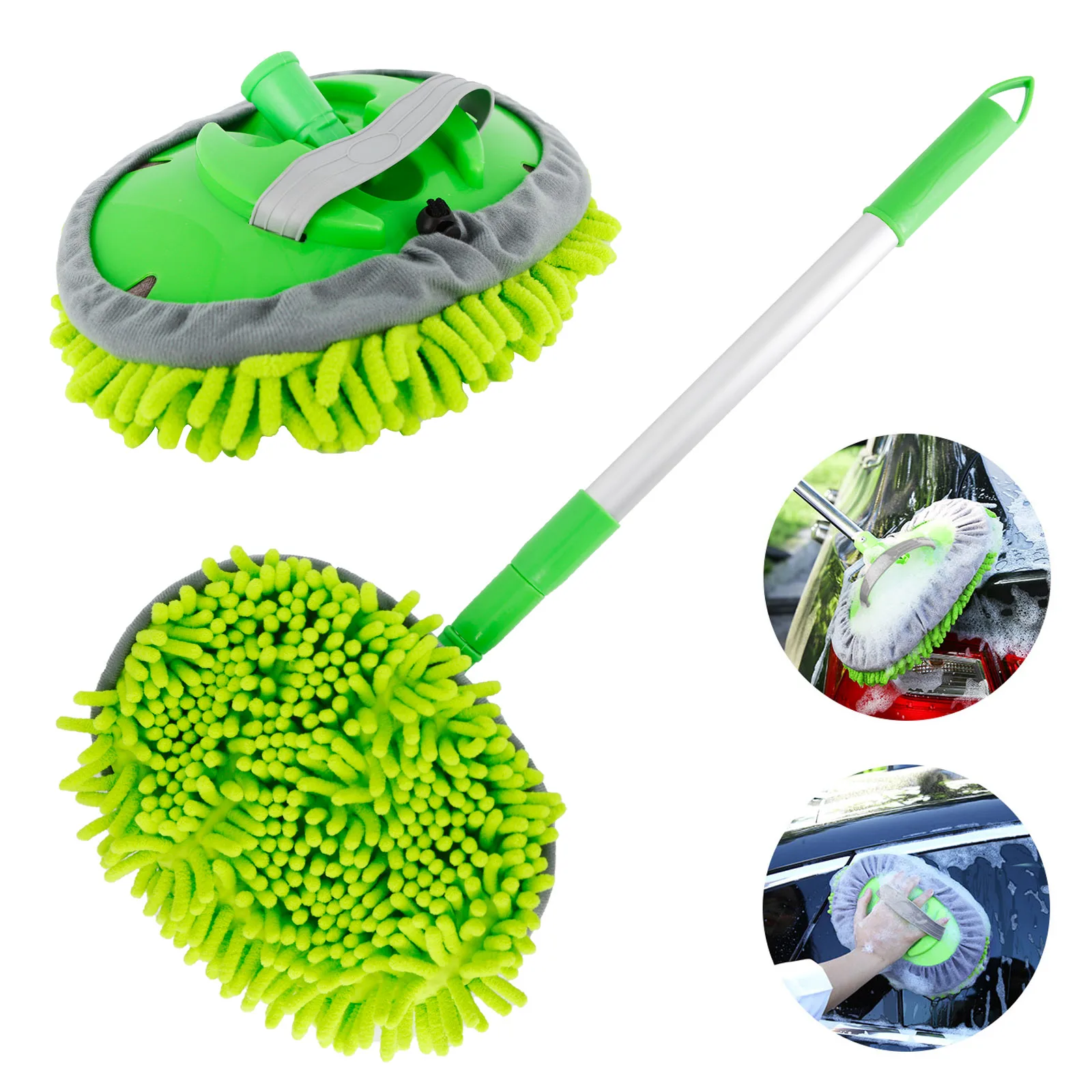 

New 2021 Upgrade 2 in 1 Three Section Telescoping Long Handle Car Wash Brush Mop Thick Chenille Microfiber Broom Cleaning Tool