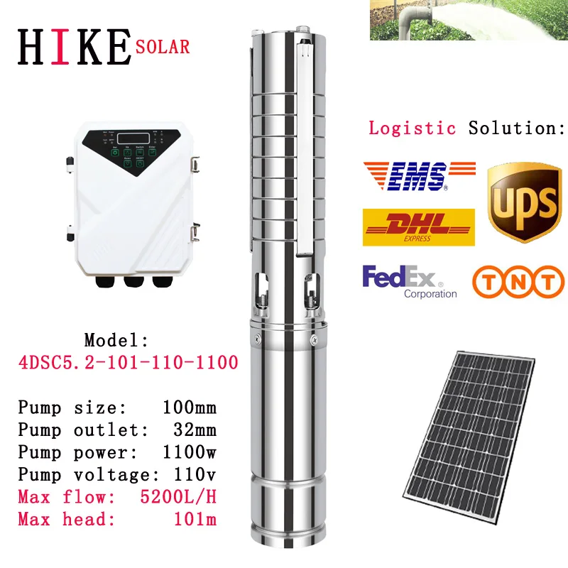 

Hike solar equipment Solar Water Pump 110V 1100w MPPT Controller SS304 Impeller (Max Head 101m, Flow 5.2T/H）4DSC5.2-101-110-1100