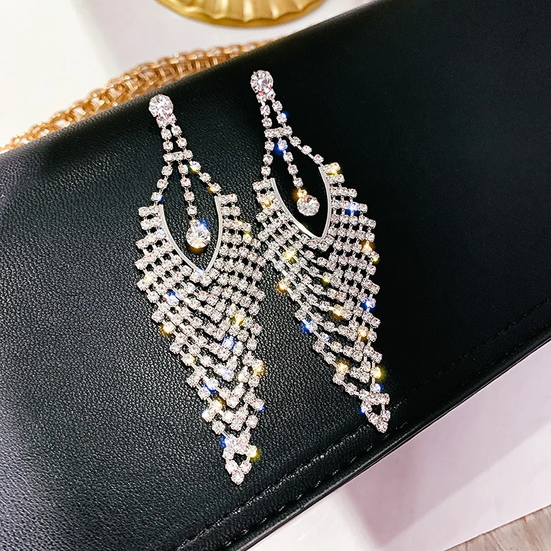 

Luxury Long tassel hearts Rhinestone Women Chandelier Drop Earrings Charm Diamante Zirconia Inlaid Ethnic Pendientes S925-Needle