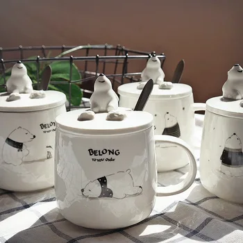 

Creative Cute Polar Bear Ceramic Mug Cartoon Breakfast Milk Cup with Lid Scoop 310ml Household Coffee Mugs Children's Juice Cups