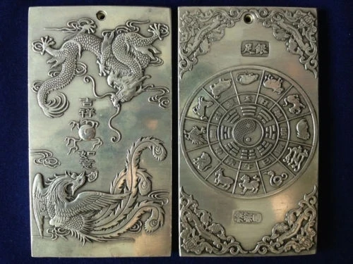 Elaborate Chinese Old Tibetan Silver Dragon Phoenix Statue Amulet Auspicious Plate | Дом и сад