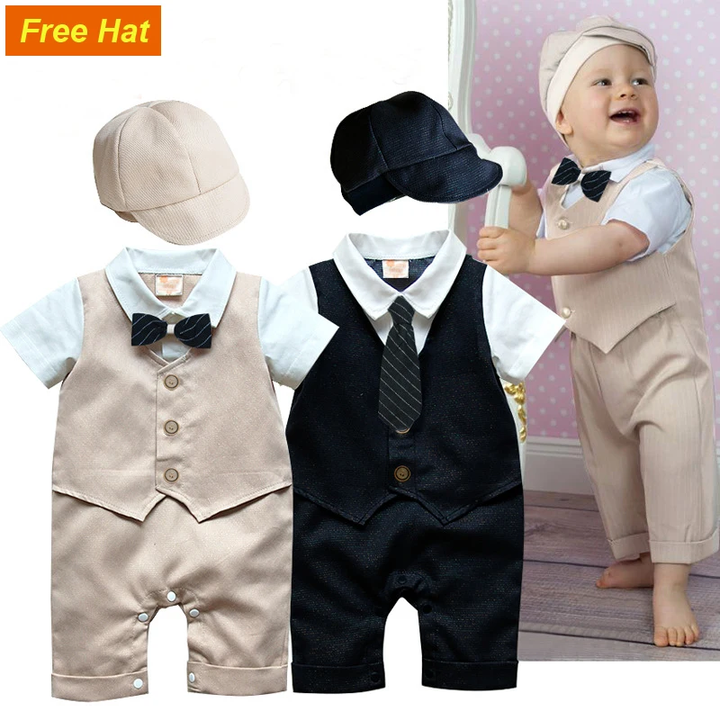 

Baby Boy Clothes Roupa Infantil Romper Cotton Gentleman Baptism Rompers + Hat 2pcs Newborn Clothes Set Uniforms Baby Body Suits