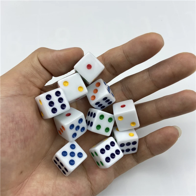 16mm 10pcs White 6 Color Points Dice Set Right Angle Square Corner Acrylic Vertical Angle D6 RPG Dice Teaching Boardgame
16mm 10pcs White 6 Color Points Dice Set Right Angle Square Corner Acrylic Vertical Angle D6 RPG Dice Teaching Boardgame