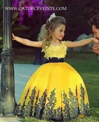 2015 милые желтые кружевные Пышные Платья с цветочным узором для девочек | Свадьбы