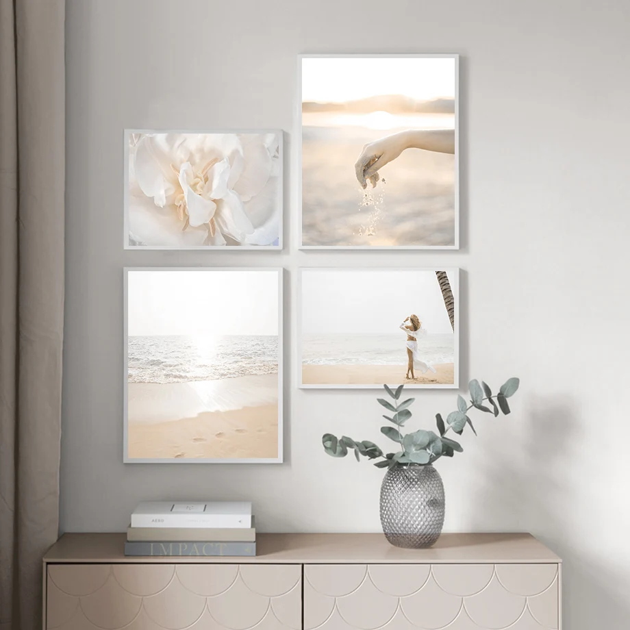 Sea Waves Beach Flower Girl Hand Tropical Wall Art Canvas Painting Nordic Posters And Prints Wall Pictures For Living Room Decor