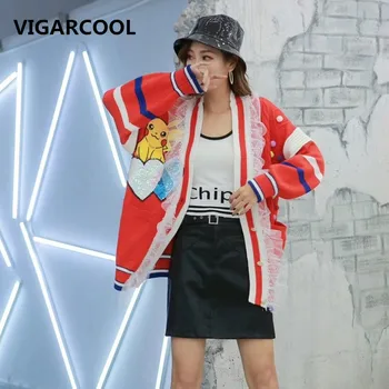 Street clothing female sweater 2019 autumn winter new cartoon Pikachu sequin stitching lace long cardigan knitted jacket female 
Street clothing female sweater 2019 autumn winter new cartoon Pikachu sequin stitching lace long cardigan knitted jacket female
