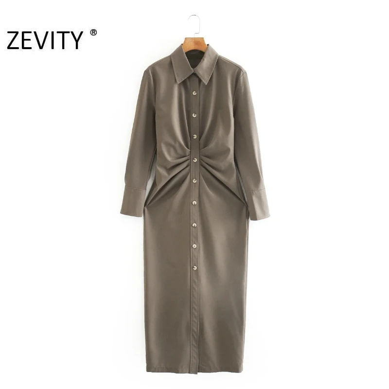 ZEVITY women fashion solid pleats shirt dress office ladies long sleeve single breasted vestido chic casual slim dresses DS4468
