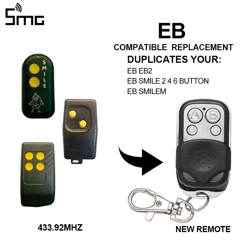 433.92MHz RF 4 channel clone fixed code copy keychain A EB / EB2 / SMILE-2.4.6 key remote learning electric garage door controll
433.92MHz RF 4 channel clone fixed code copy keychain A EB / EB2 / SMILE-2.4.6 key remote learning electric garage door controll