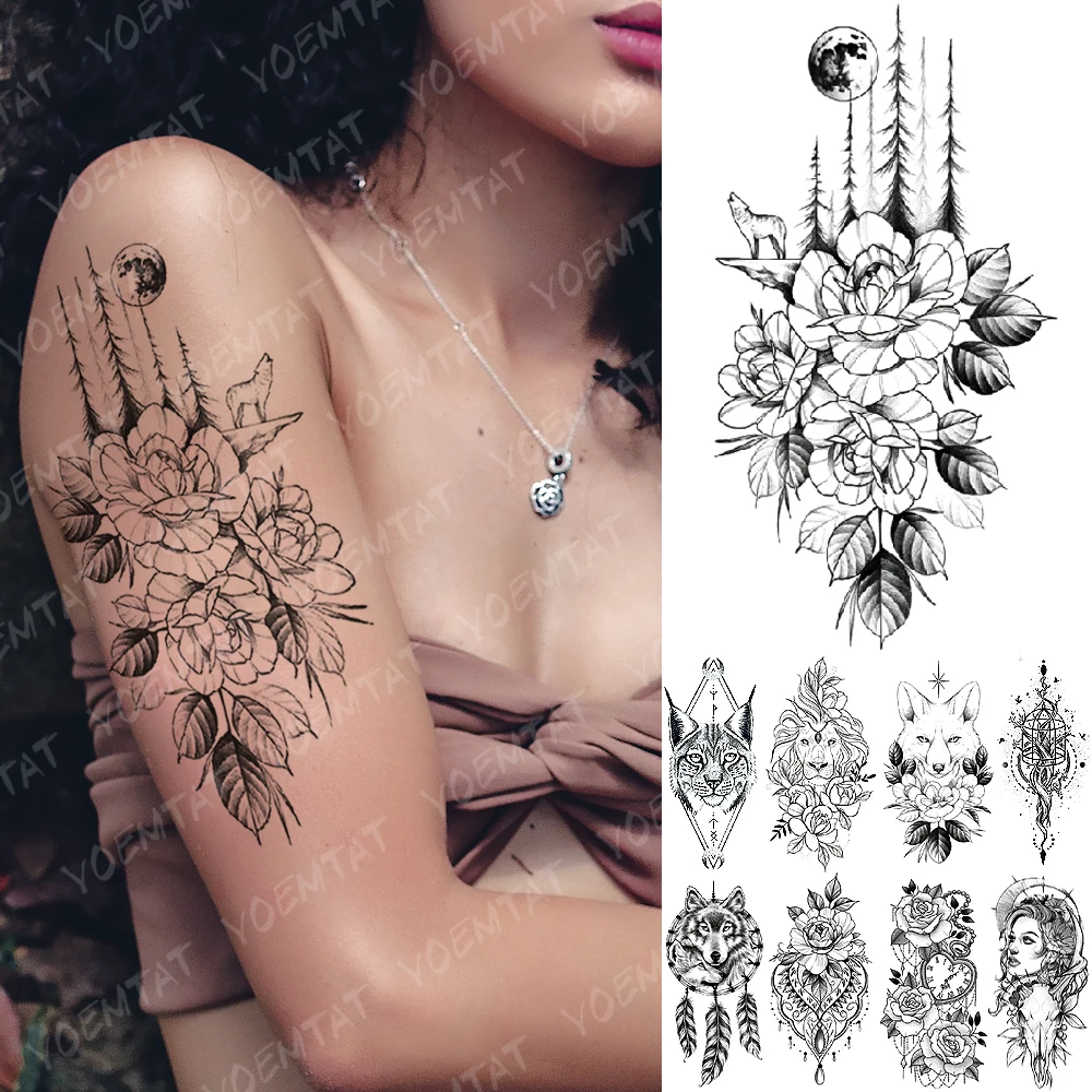 Водостойкая Временная тату-наклейка волк дерево роза Луна флэш-татуировки лиса