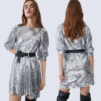ZA 2020 Spring Sequined Dress Round Collar Puff Sleeve Sleeve Long Elbow Short Mini Dress European and American Women
ZA 2020 Spring Sequined Dress Round Collar Puff Sleeve Sleeve Long Elbow Short Mini Dress European and American Women