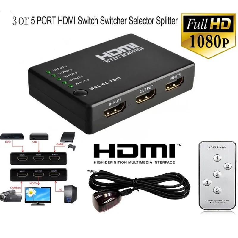 Фото Сплиттер совместимый с HDMI 3/5 портов переключатель порт 1080P 3 входа 1 выход 4K