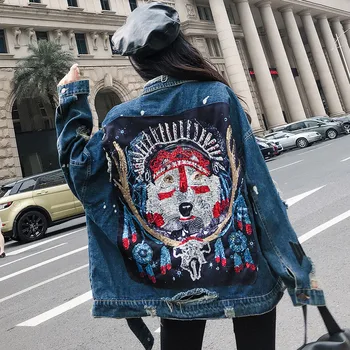 Basic Coat Harajuku Vintage Denim Jacket Women Sequins Spliced Wolf Totem Coat 2019 Autumn Casual Ripped Hole Jean Jacket 
Basic Coat Harajuku Vintage Denim Jacket Women Sequins Spliced Wolf Totem Coat 2019 Autumn Casual Ripped Hole Jean Jacket