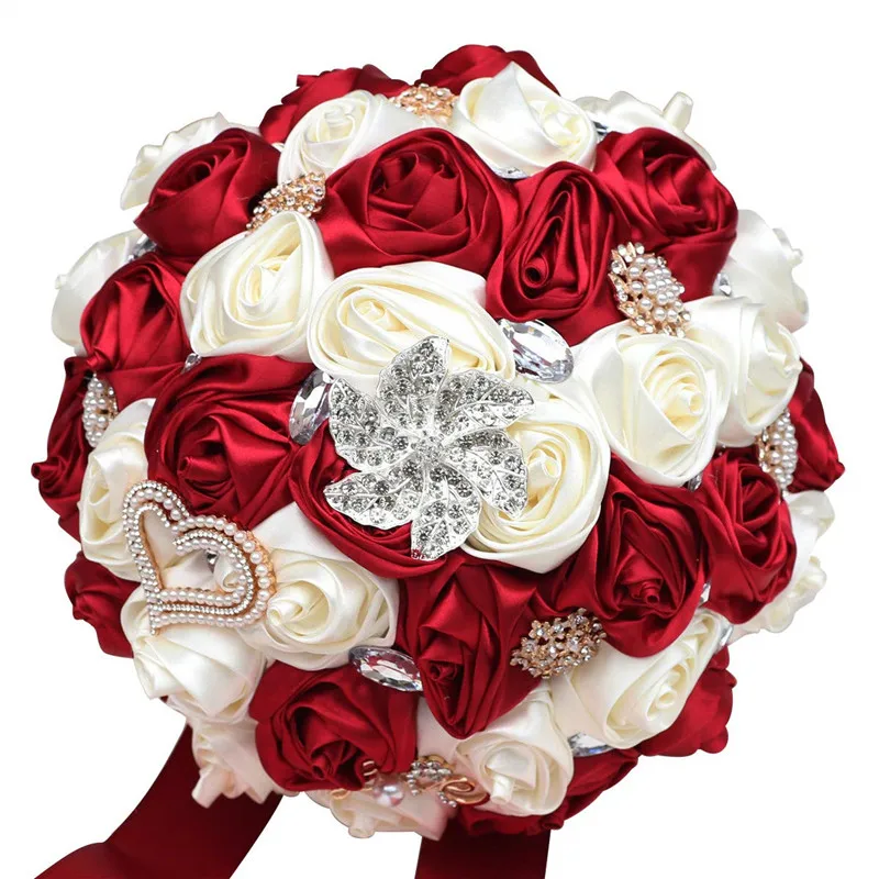 

21cm Large Brooch Bouquet Popular Wine Red Series Bride And Bridesmaid Holding Bouquets Of Rhinestones And Silk Roses B05