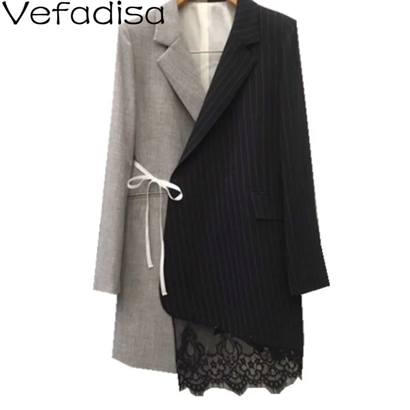 Vefadisa Autumn Formal Striped Print Spliced Lace Coat Turn-down Collar Coat Irregular Belt Wide-waisted Woman Coat 2019 QYF308 
Vefadisa Autumn Formal Striped Print Spliced Lace Coat Turn-down Collar Coat Irregular Belt Wide-waisted Woman Coat 2019 QYF308