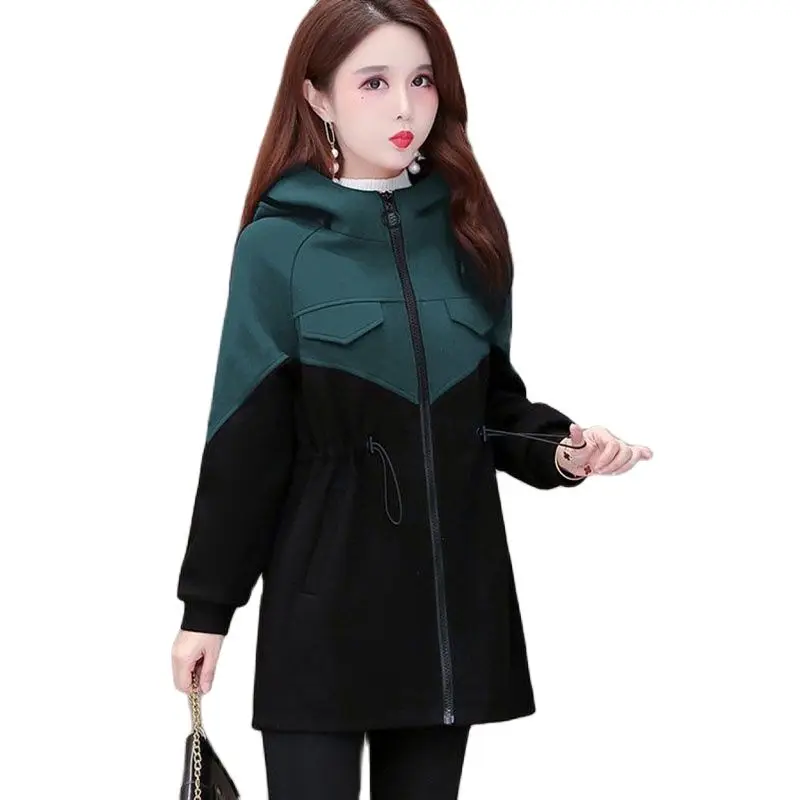 

Little Guy College Women's Trench Coat Mid-Length Hooded New Autumn Winter Loose Splicing Drawstring Slim Lining Ladies Jacket