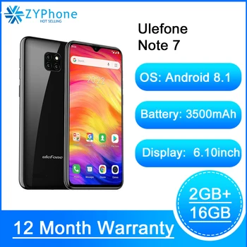 

Smartphone 3500mAh 19:9 Quad Core 6.1inch Waterdrop Screen 16GB ROM Mobile phone WCDMA Cellphone Android8.1 Ulefone Note 7