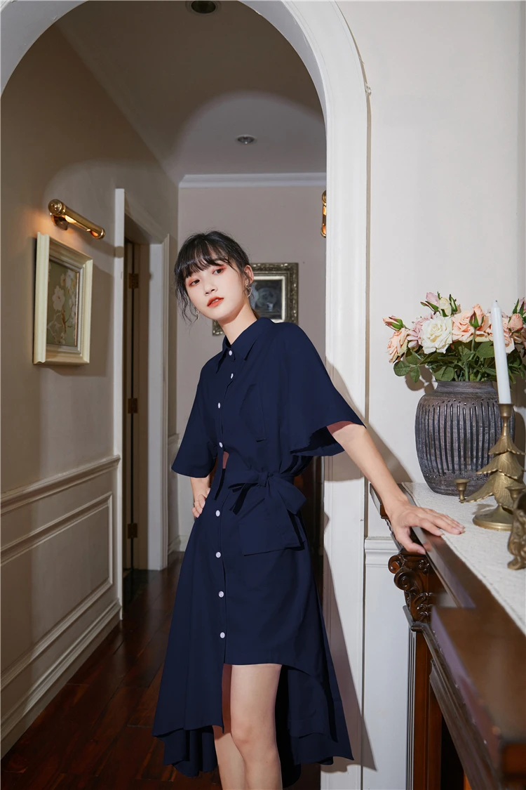 H6065ab8f573647869b91091f854091e6Q - Summer Korean Turn-Down Collar Short Sleeves Buttons Lace-Up Asymmetrical Long Shirt Dress