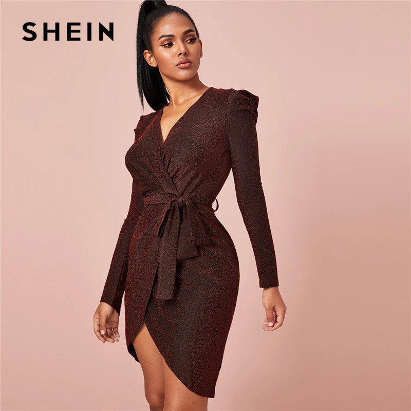 

SHEIN Burgundy Belted Wrap Glitter Bodycon Party Dress Women Autumn Solid V Neck Long Sleeve Fitted Short Glamorous Dresses