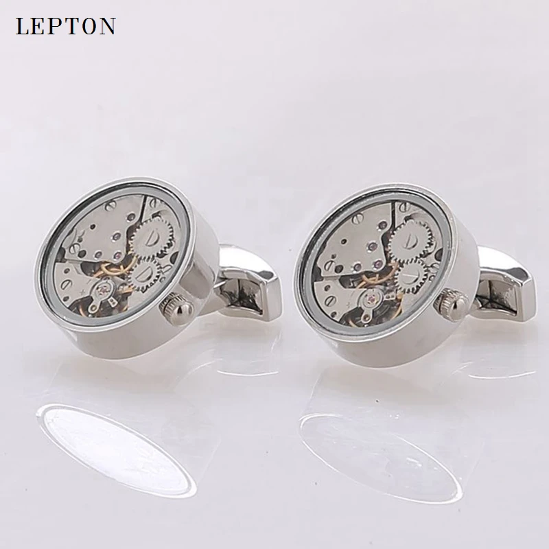 

Hot Watch Movement Cufflinks Glass-Fronted Lepton Stainless Steel Steampunk Gear Watch Mechanism Cufflink for Mens Drop Shipping