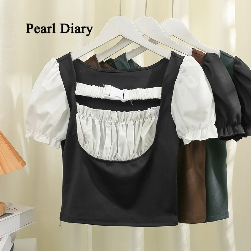 

Pearl Diary Summer Contrast Color Squar Neck Tops Women Puff Sleeve Crop Tops Korean Style Shirring Neck Piece Plastic Buckle