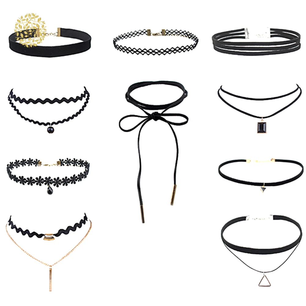 

10 PCS/Set Choker Necklaces Gothic Tattoo Black Lace Leather Velvet Collier Women Collar Femme Chocker Jewelery Punk HTML