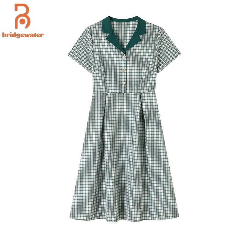

BRIDGEWATER Dress Women Summer Short-Sleeved Plaid Button Polo Collar Green A-Line Skirt Harajuku Kawaii Large Size Grunge Fairy
