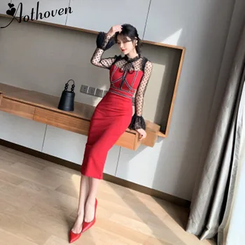 2020 Spring Bodycon Mesh Patchwork Pencil Dress Women Red Long Flare Sleeve Bow Collar Dress Office Lady Elegant Party Dress 
2020 Spring Bodycon Mesh Patchwork Pencil Dress Women Red Long Flare Sleeve Bow Collar Dress Office Lady Elegant Party Dress