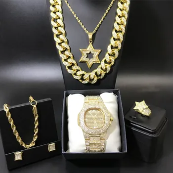 Hip Hop Men Gold Crystal Miami Necklace Men Watch & Necklace & Braclete & Ring & Earring Combo Set Ice Out Cuban Hip Hop For Men
Hip Hop Men Gold Crystal Miami Necklace Men Watch & Necklace & Braclete & Ring & Earring Combo Set Ice Out Cuban Hip Hop For Men