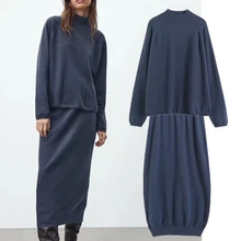 Withered England Style Fashion Navy Color Solid Simple Sweaters Women Tops And Stretch Knitted Midi Skirts Women Two Pieces Sets 
Withered England Style Fashion Navy Color Solid Simple Sweaters Women Tops And Stretch Knitted Midi Skirts Women Two Pieces Sets