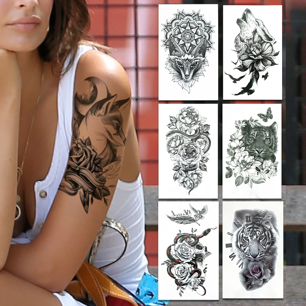 

Black Wolf Fake Temporary Tattoos For Women Men Mandala Henna Lion Tattoo Tiger Snake Daisy Peony Flower Waterproof Tatoo Waist