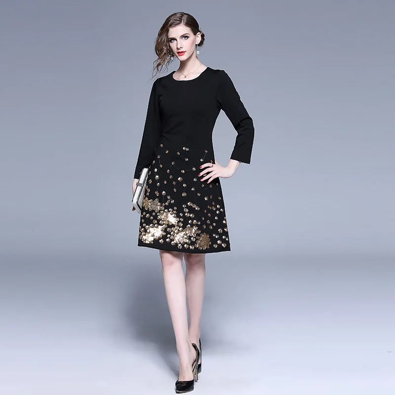 Sequin Embroided Dress Elegant Simple Europe And America New Products Waist Hugging Slimming Large Size Long Sleeve A- line Medi
Sequin Embroided Dress Elegant Simple Europe And America New Products Waist Hugging Slimming Large Size Long Sleeve A- line Medi