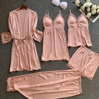 2020 Women Satin Sleepwear 5 Pieces Pajamas Set Sexy Lace Bathobe Pyjamas Sleep Lounge Pijama Silk Robe Night Suit
2020 Women Satin Sleepwear 5 Pieces Pajamas Set Sexy Lace Bathobe Pyjamas Sleep Lounge Pijama Silk Robe Night Suit