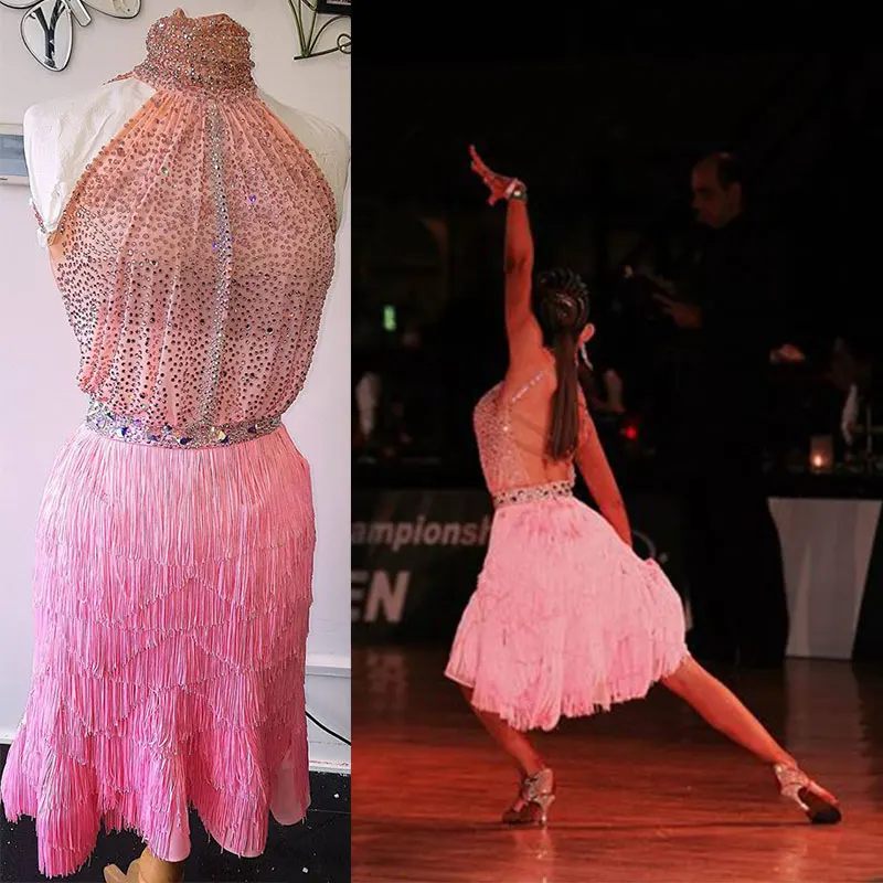 Женское платье с открытой спиной розовое для латиноамериканских танцев
