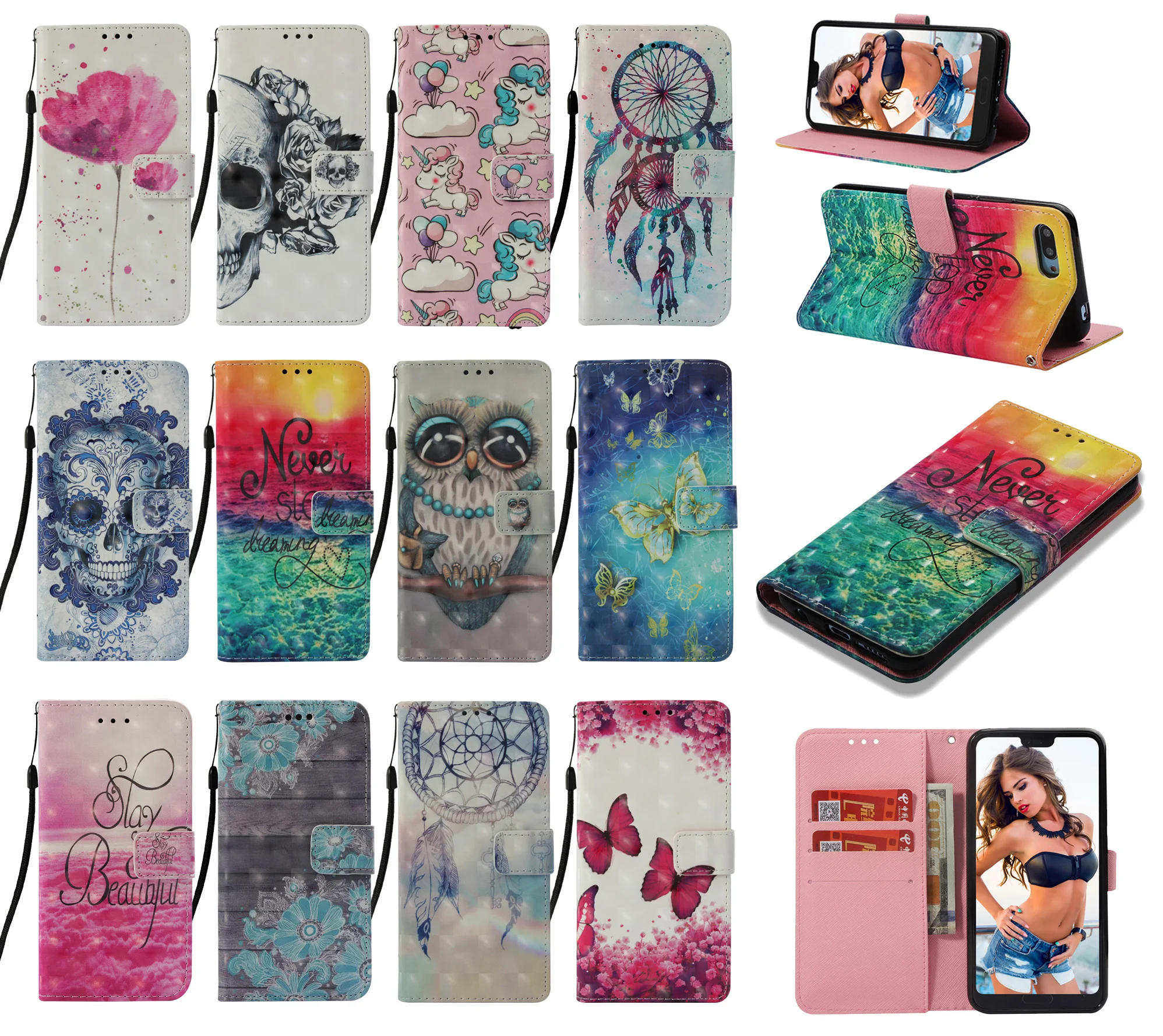 

Fashion 3D Painted Phone Cases For Samsung Galaxy A80 A60 A90 A20e A10e Note 10 Pro Plus M40 Flip Leather Wallet Cover Phone Bag