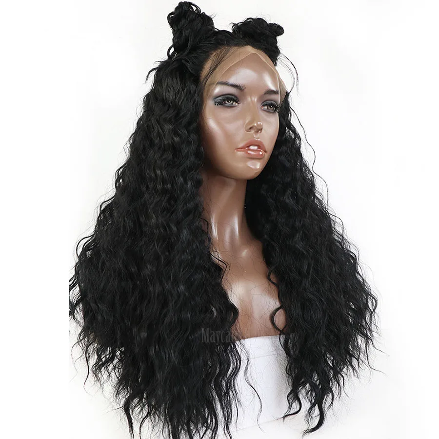 Maycaur Black Color Long Curly Wigs for Black Women Synthetic Lace Front Wigs with Natural Baby Hair (1)