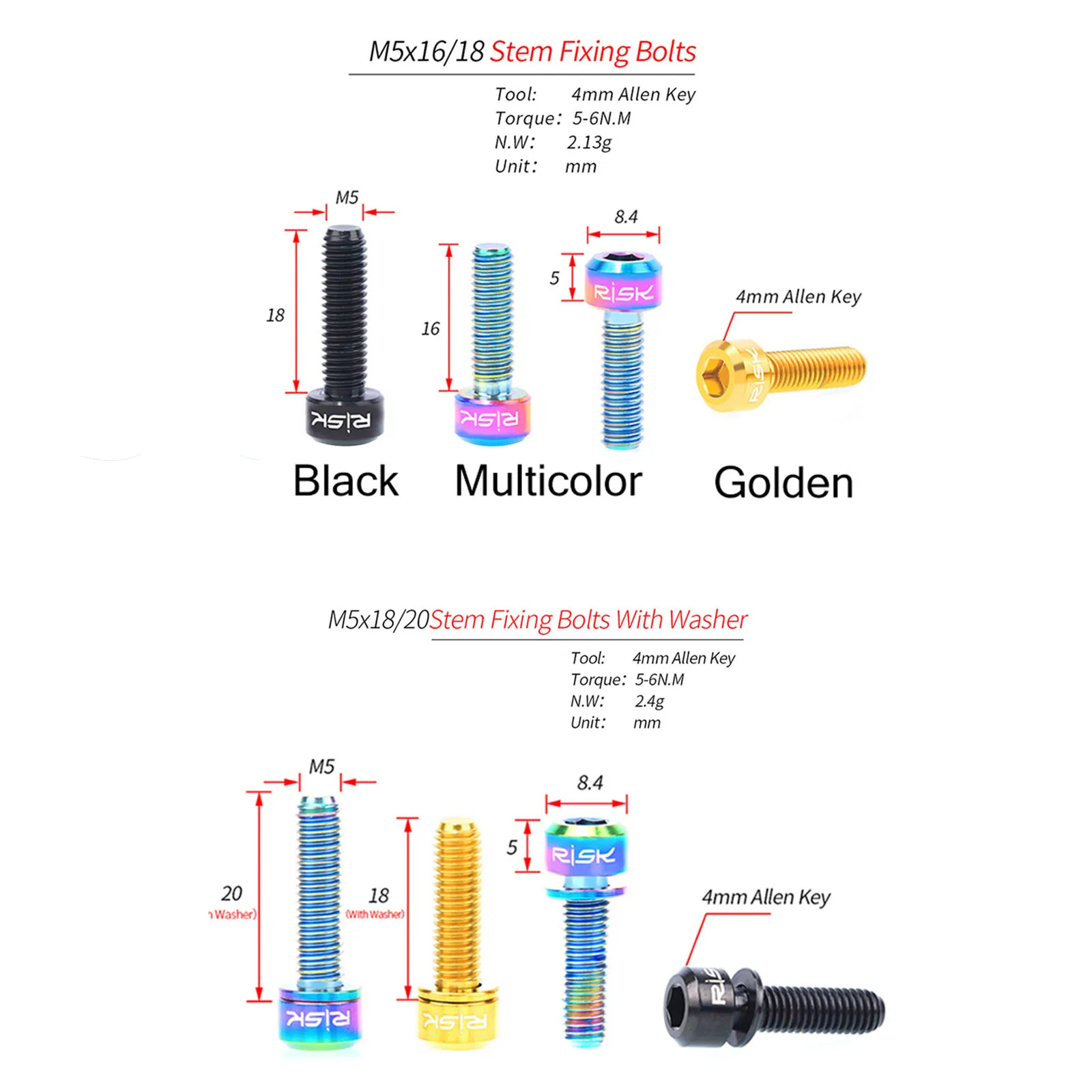 RISK 6pcs Rainbow Titanium Alloy Bolt Screw M5*16/18/20mm for Bicycle Stem MTB Road Mountain Bike Screw with Washer Fixed Bolts