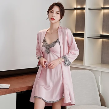 Sexy Lace Twinset Robe Set 2PCS Sleepwear Satin 2PCS Sleep Set Kimono Bathrobe Gown 2020 New Intimate Lingerie Nighty&Robe Suit