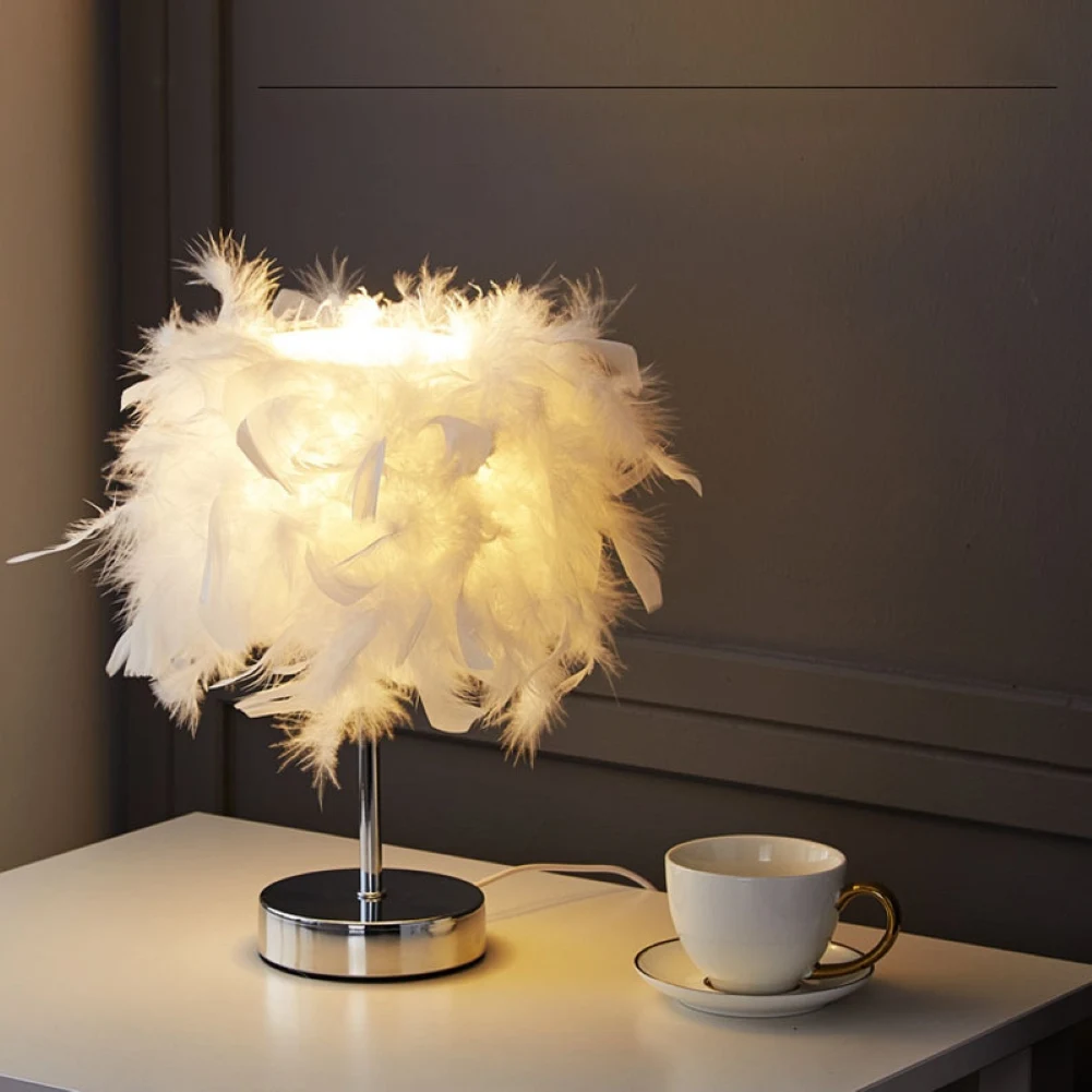 Generic LED Night Romantic Feather Lampshade LED Lights Table Lamp
