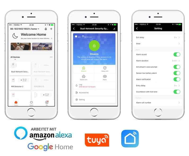 NiWoolf alarm system control using smartphone tuya, google home and amazon alexa